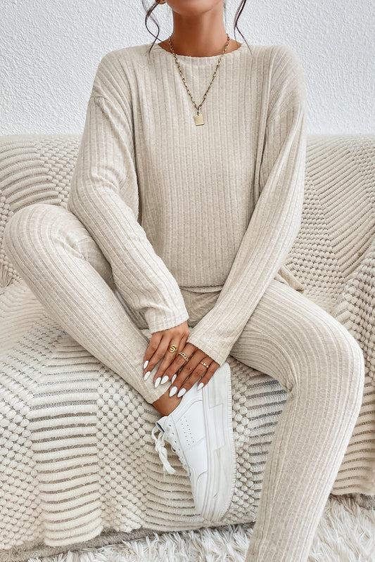 Apricot Ribbed Knit Loose Long Sleeve Top Skinny Pants Set