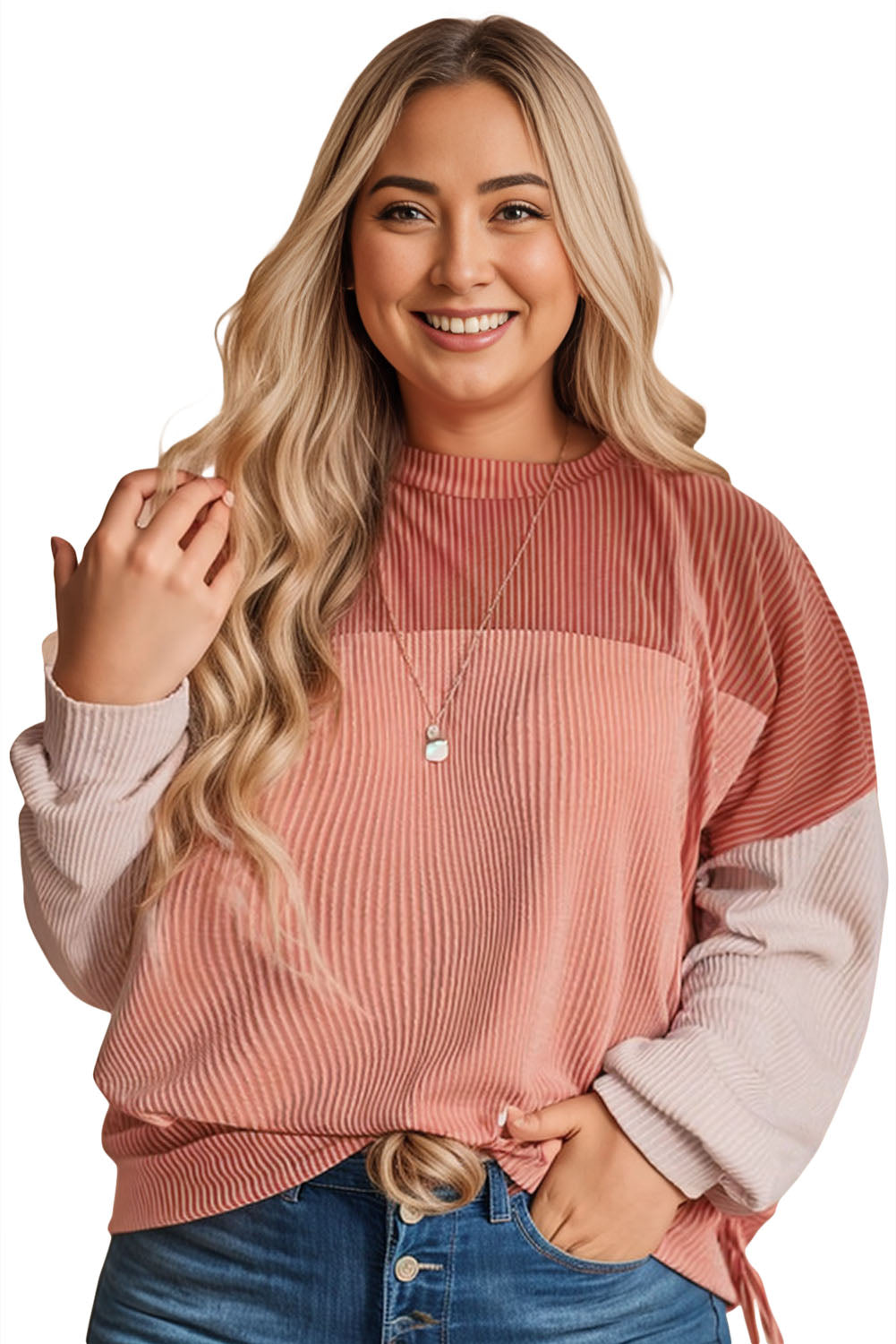 Mineral Red Plus Size Ribbed Colorblock Long Sleeve Top