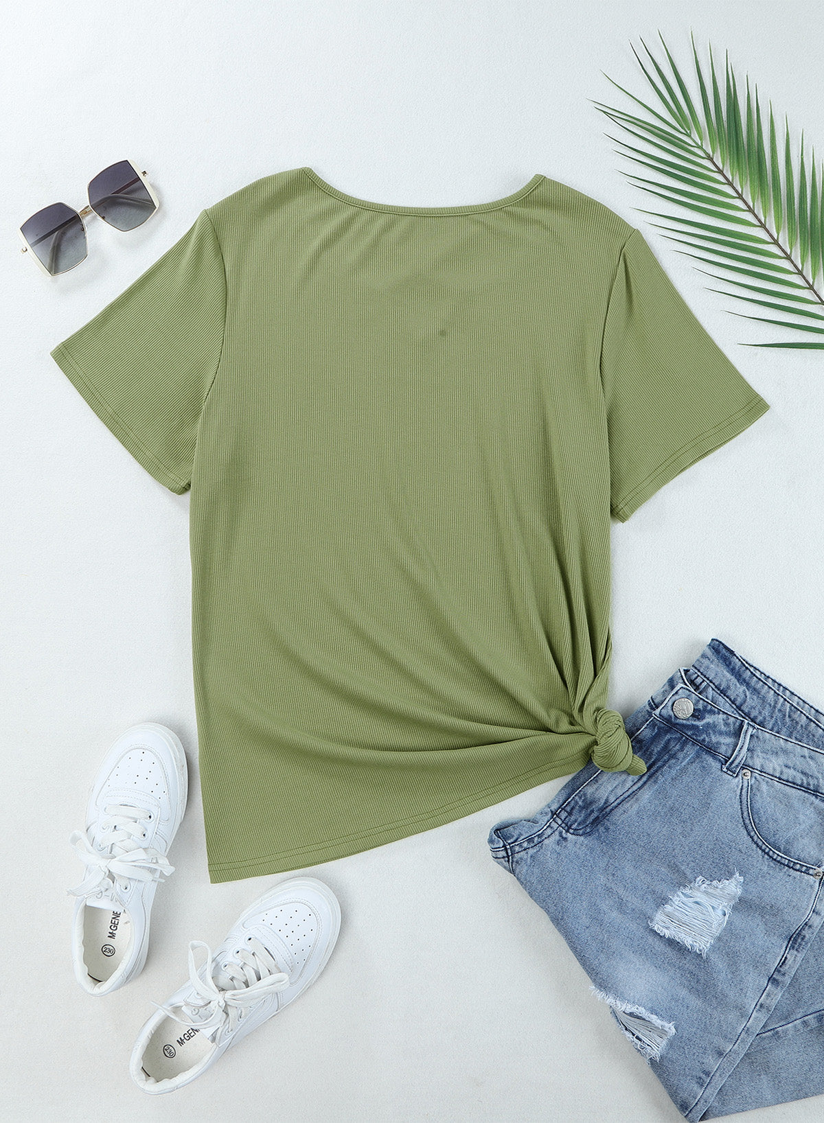 Army Green Casual Crisscross Ribbed Knit  Plus Size Tee