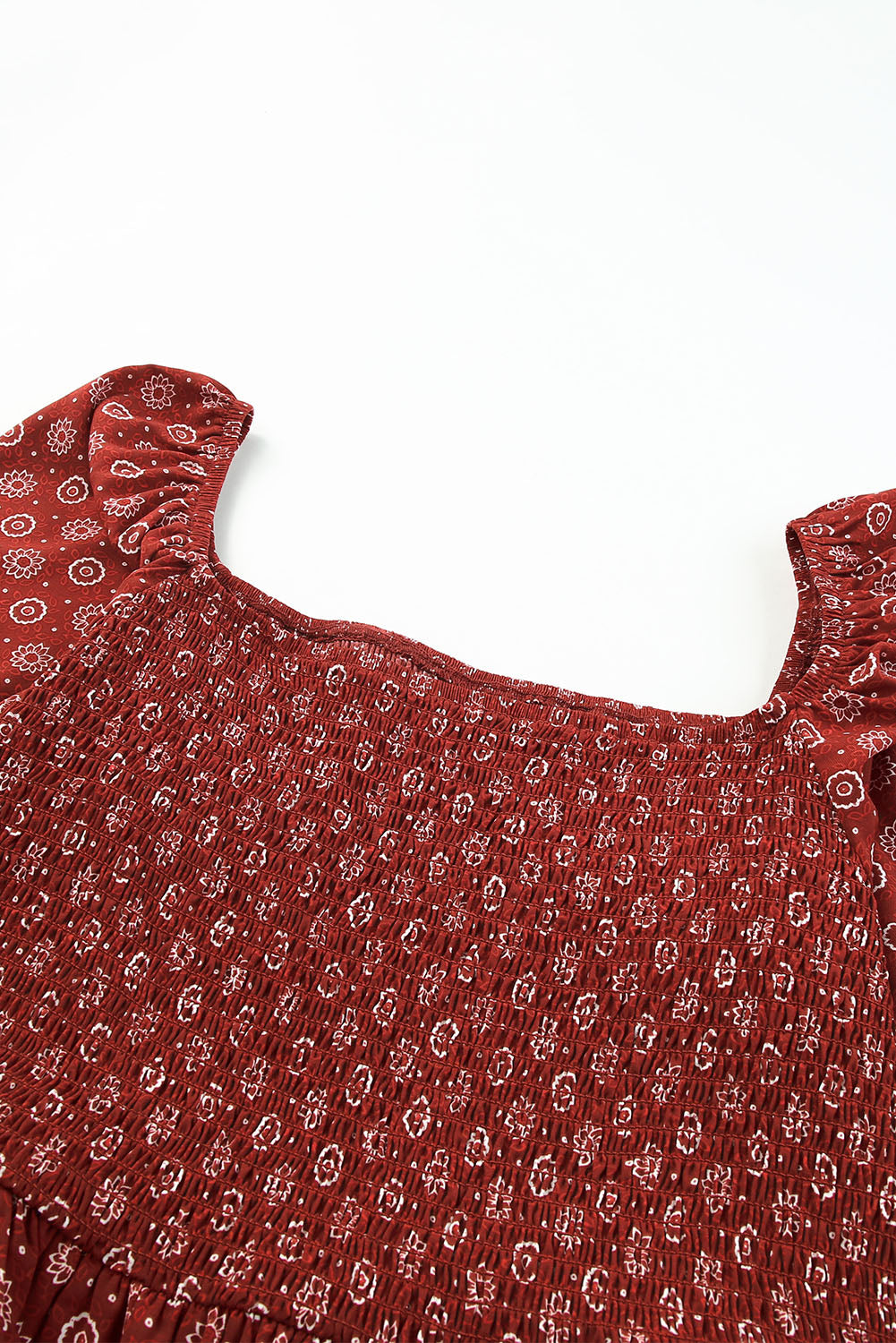 Red Plus Size Shirred Square Neck Printed Peplum Top