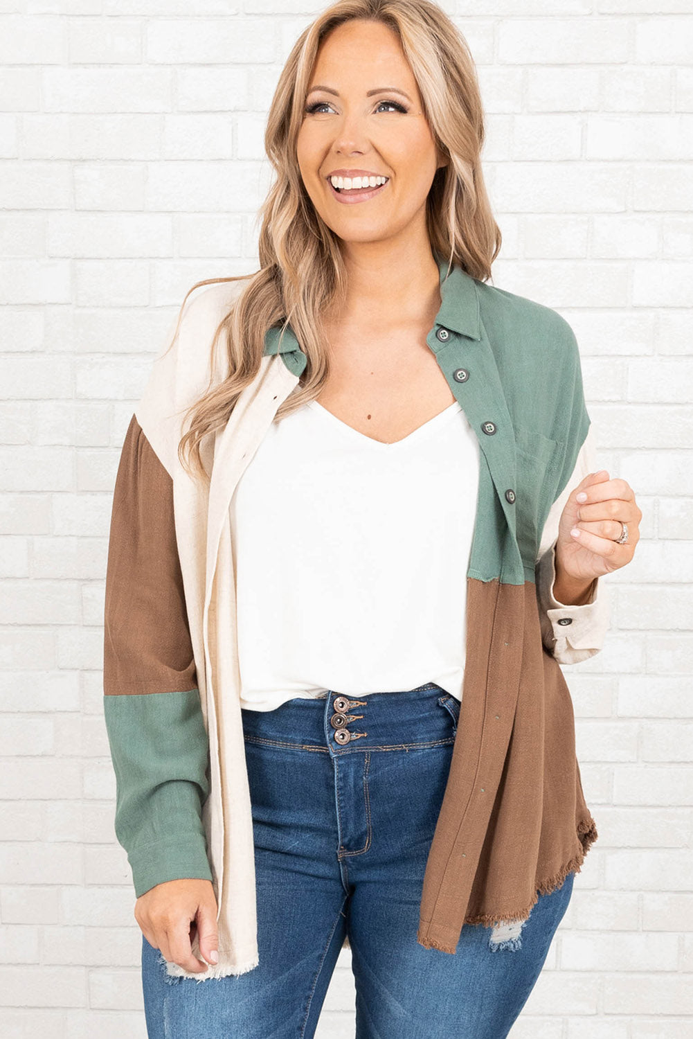 Green Colorblock Button-Up Long Sleeve Plus Size Shirt