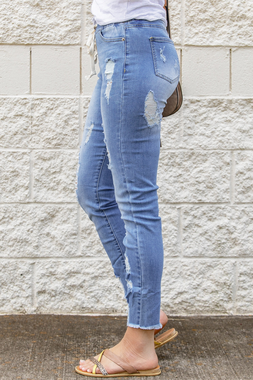 Light Blue Drawstring Elastic Waist Jeans With Hole