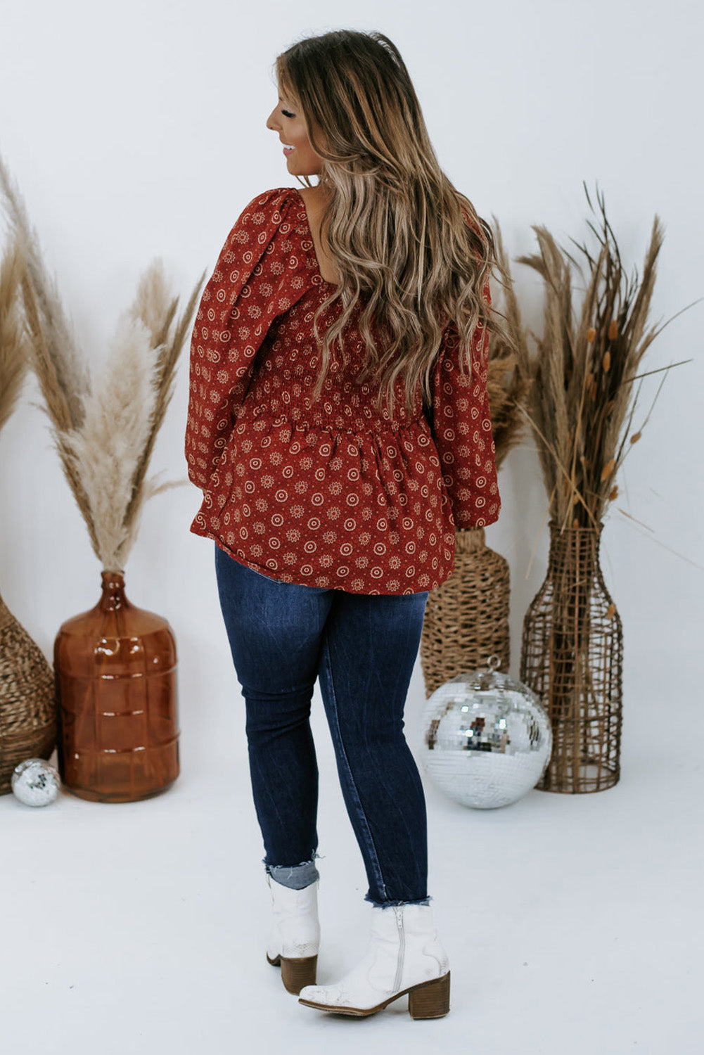 Red Plus Size Shirred Square Neck Printed Peplum Top