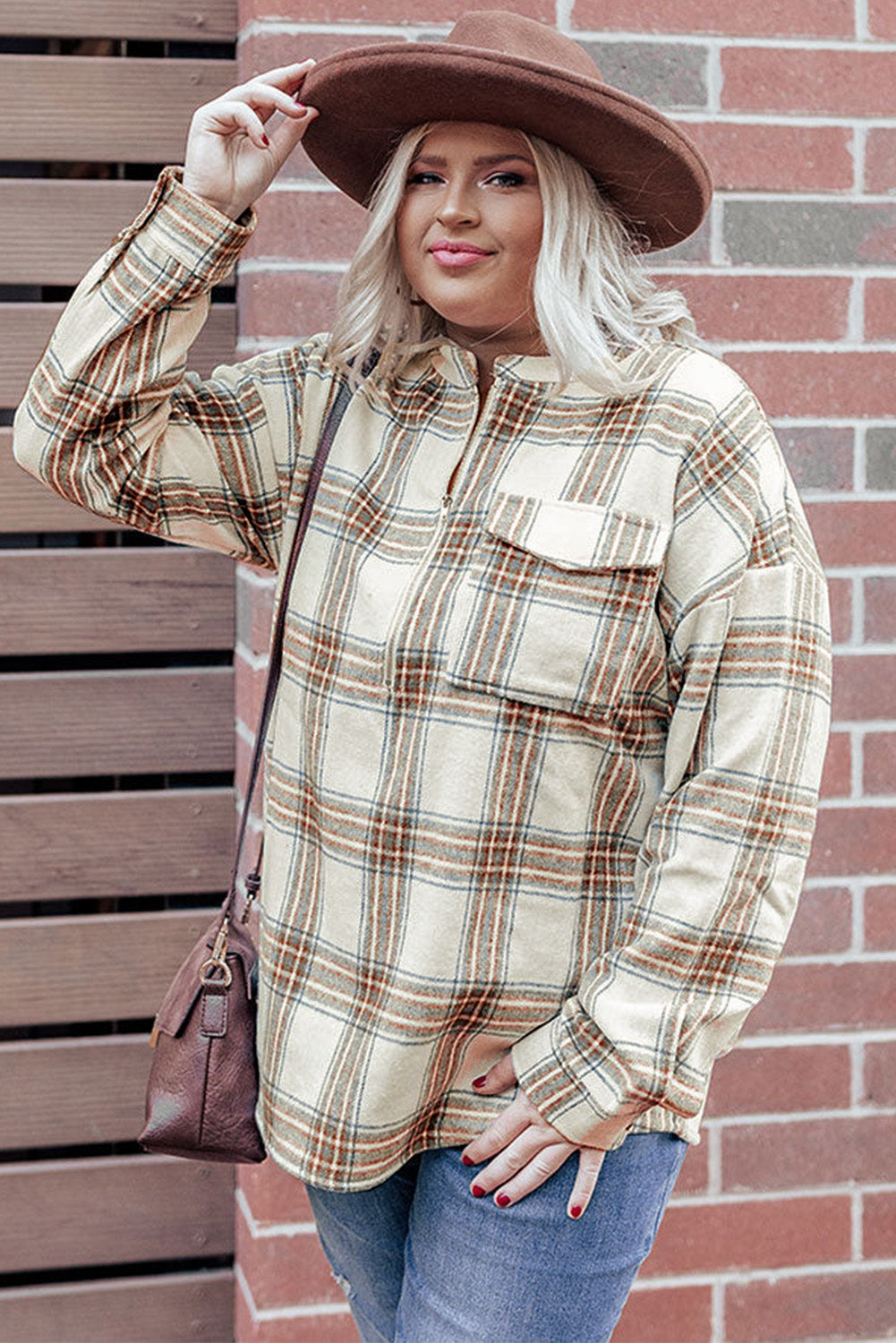 Beige Plaid Print Zip Split Neck Plus Size Sweatshirt