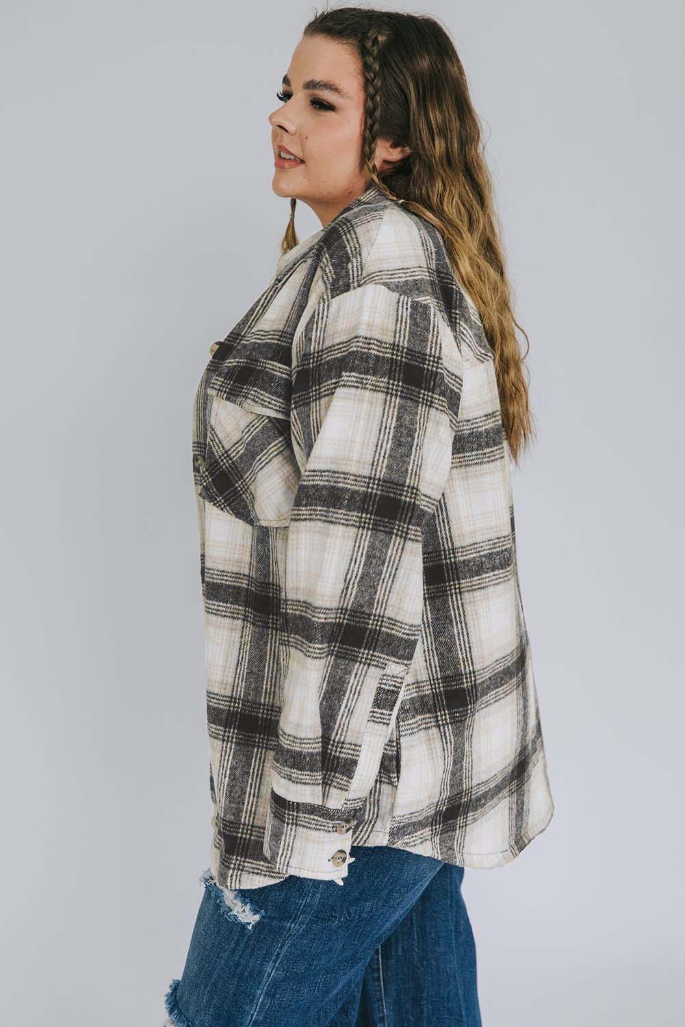 Black Plus Size Brushed Plaid Flap Pocket Shacket