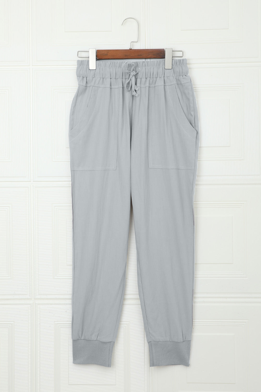 Gray Causal Pockets Elastic Waist Drawstring Pants