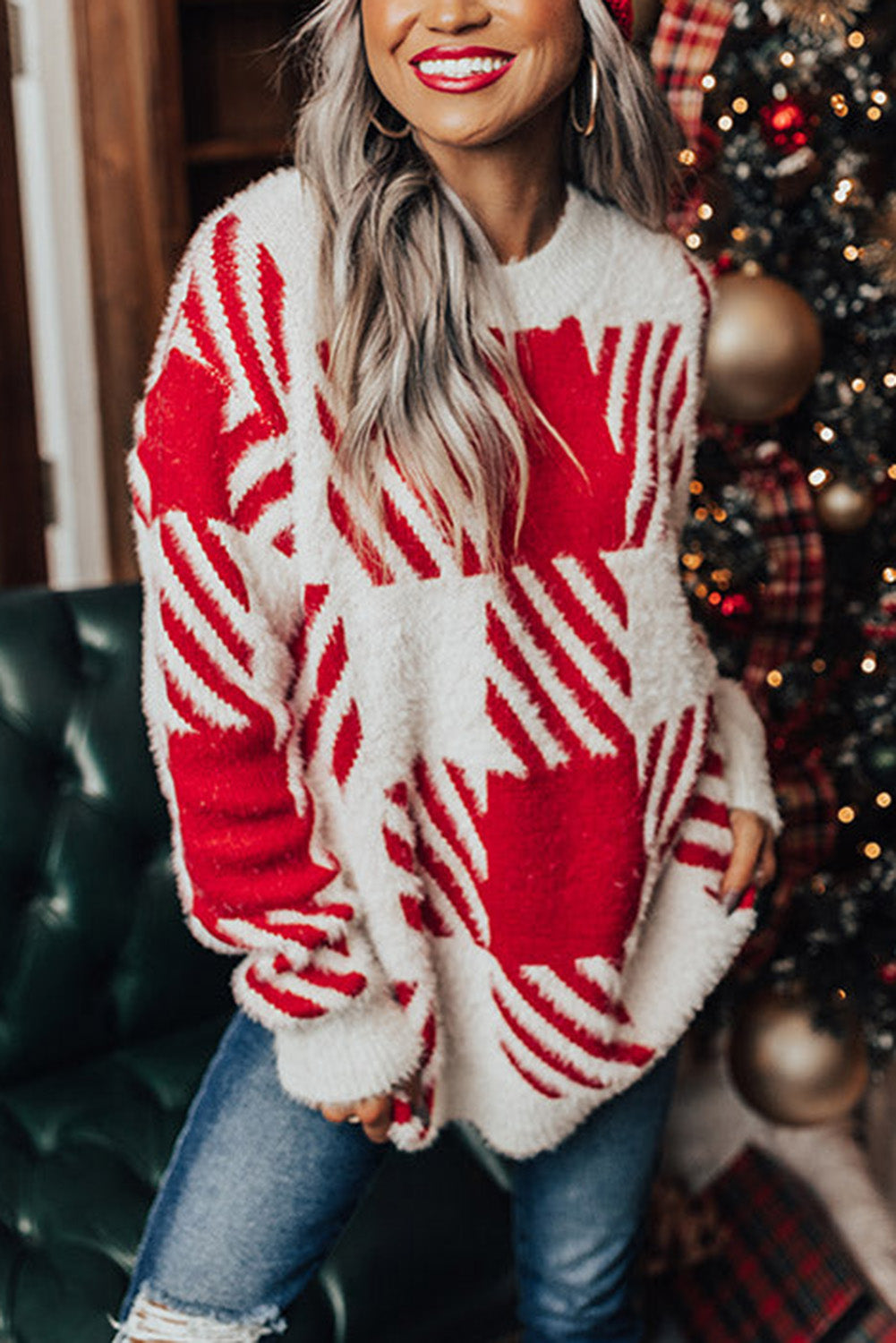 Red Fuzzy Check Drop Shoulder Sweater