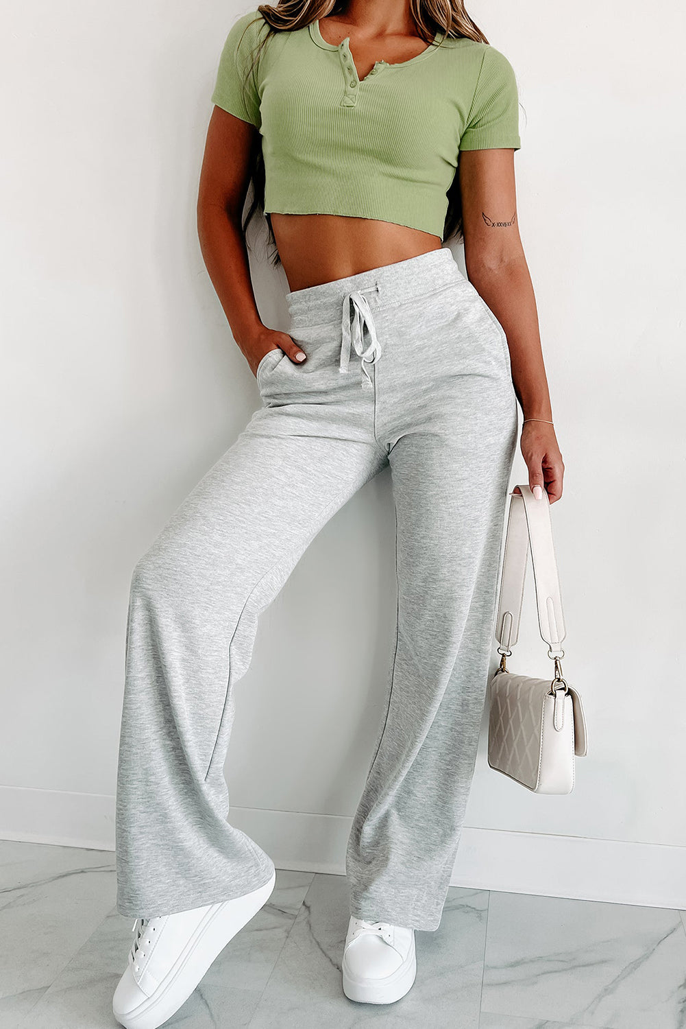 Light Grey Drawstring High Waist Sweatpants