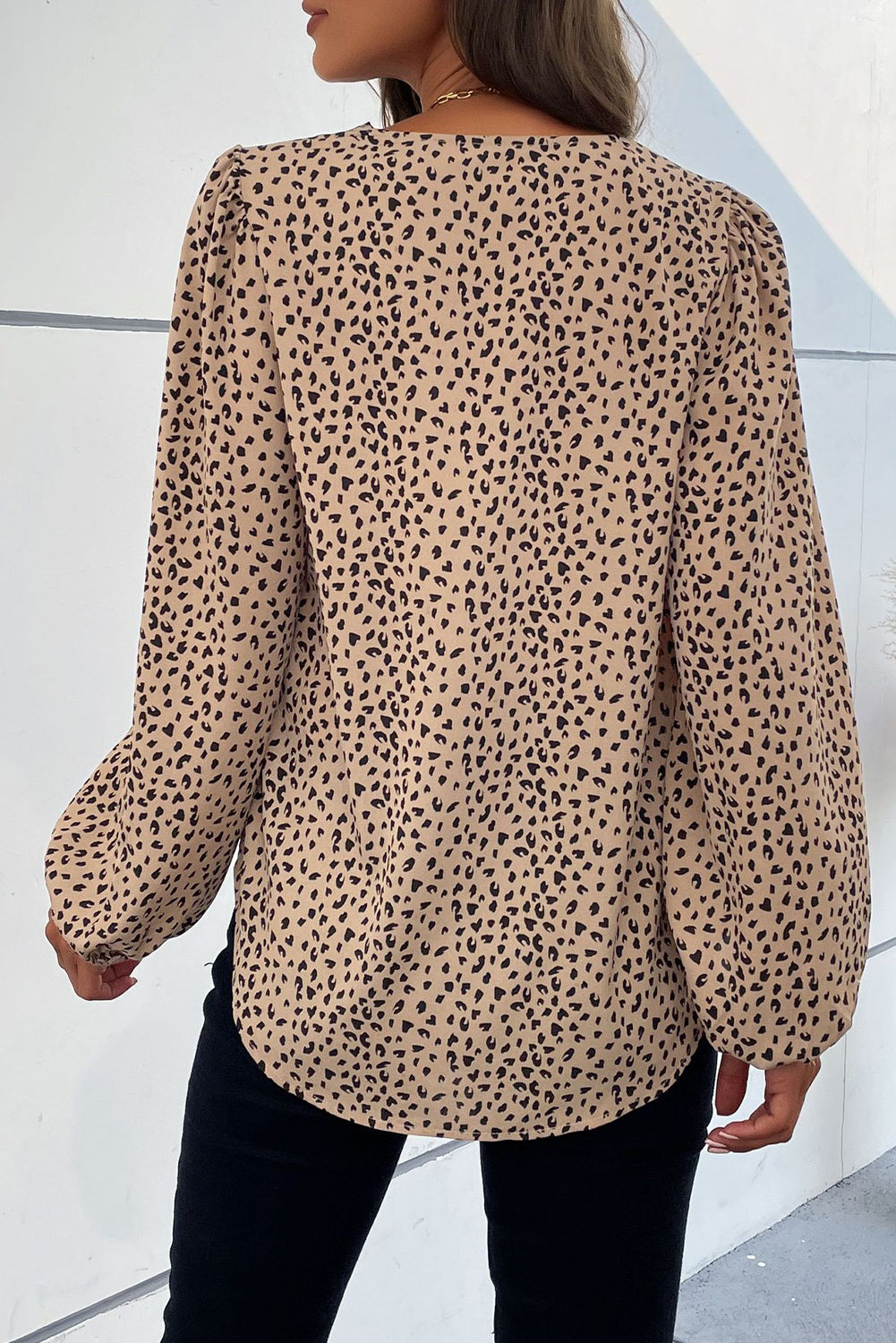 Khaki Casual Leopard Print Button V Neck Shirt