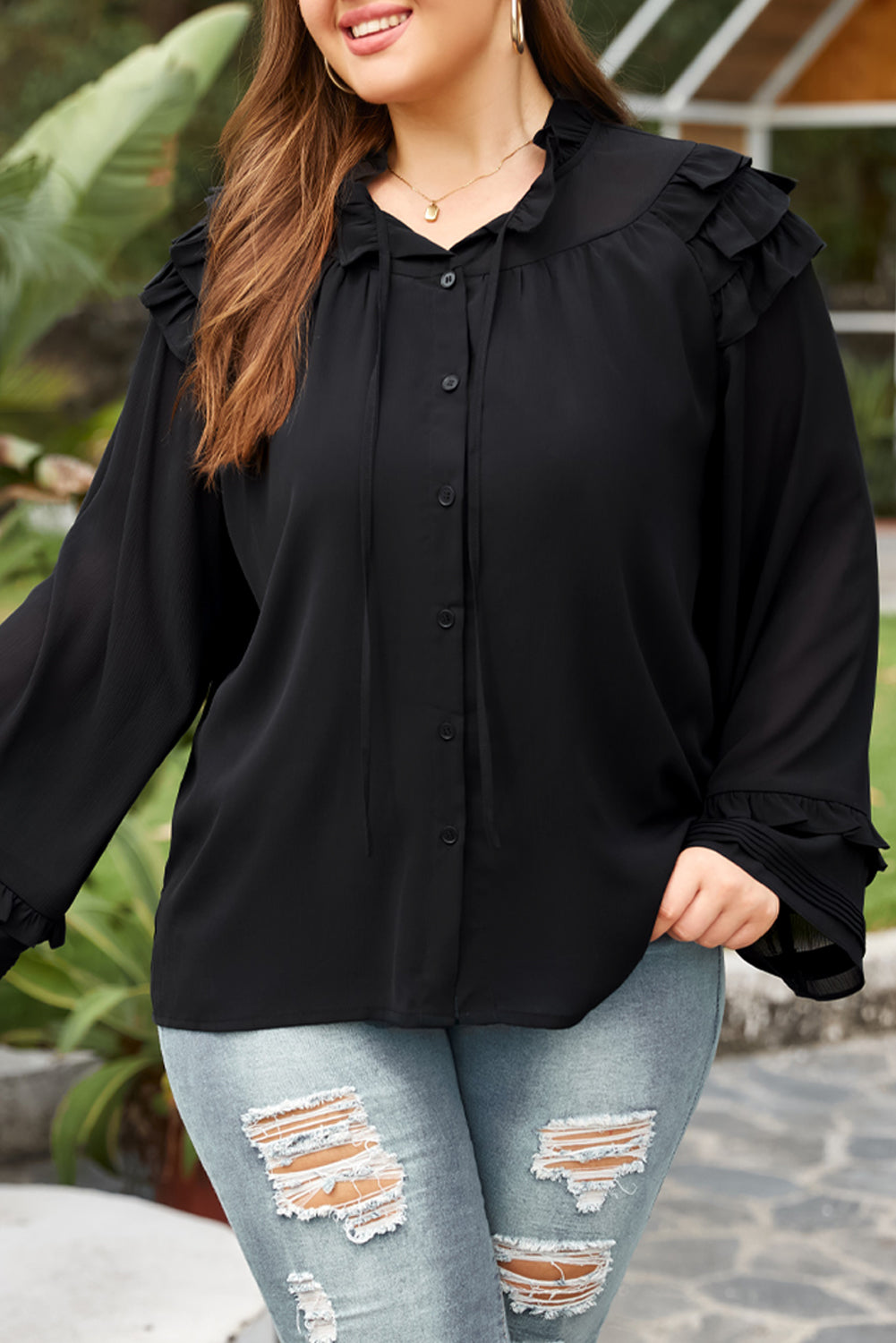 Black Tiered Ruffled Shoulder Buttoned Plus Size Blouse