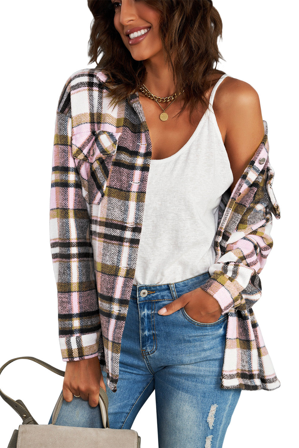 Brown Plaid Button Up Long Sleeve Flannel Shacket