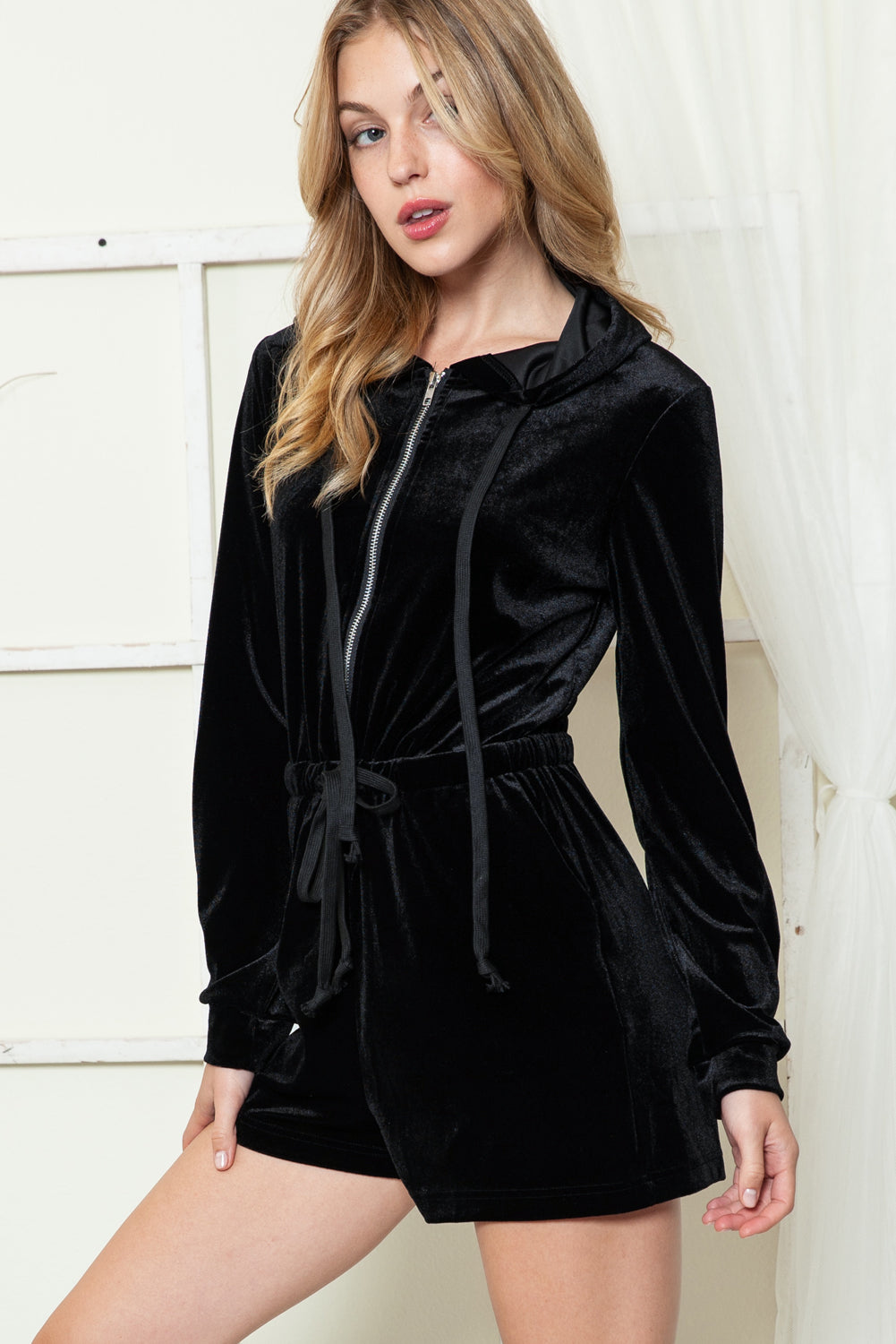 Black Velvet Zipped Front Drawstring Waist Hooded Romper