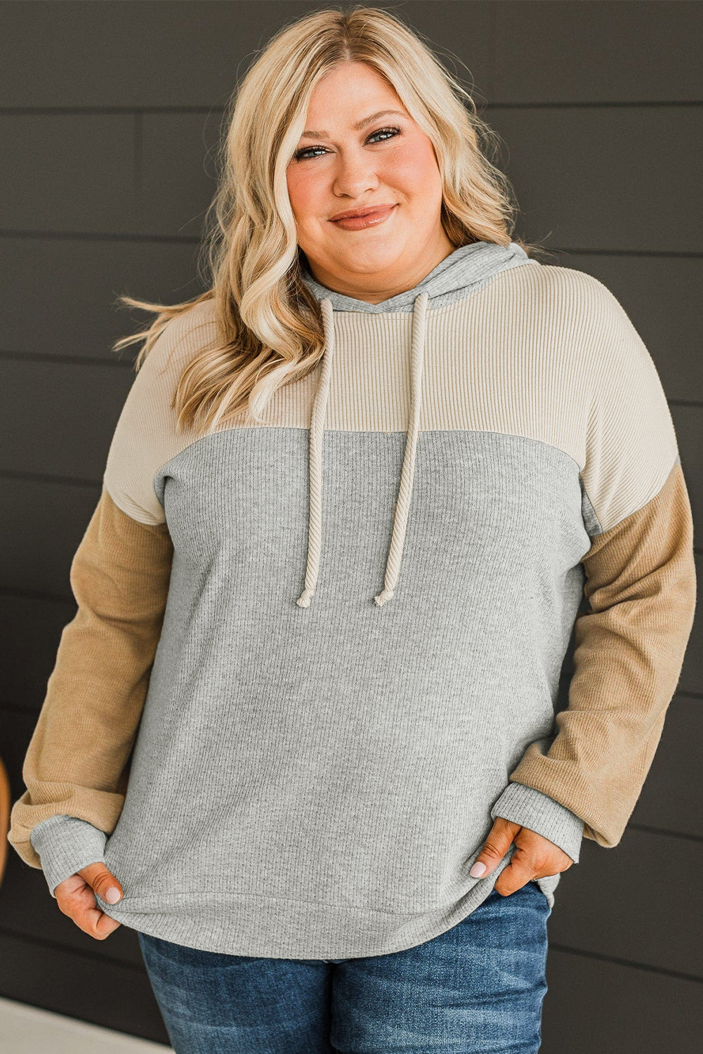 Multicolour Plus Size Colorblock Drop Shoulder Ribbed Hoodie