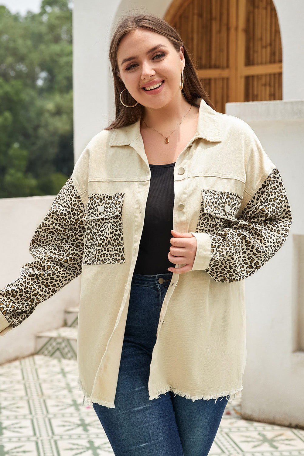 Apricot Plus Size Leopard Sleeve Raw Hem Denim Jacket