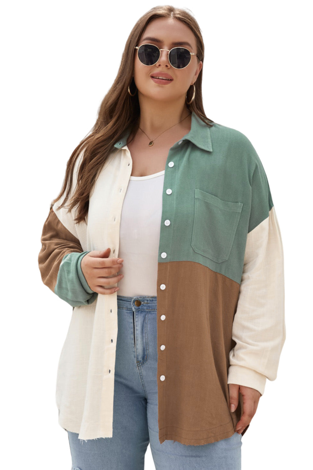 Green Colorblock Button-Up Long Sleeve Plus Size Shirt