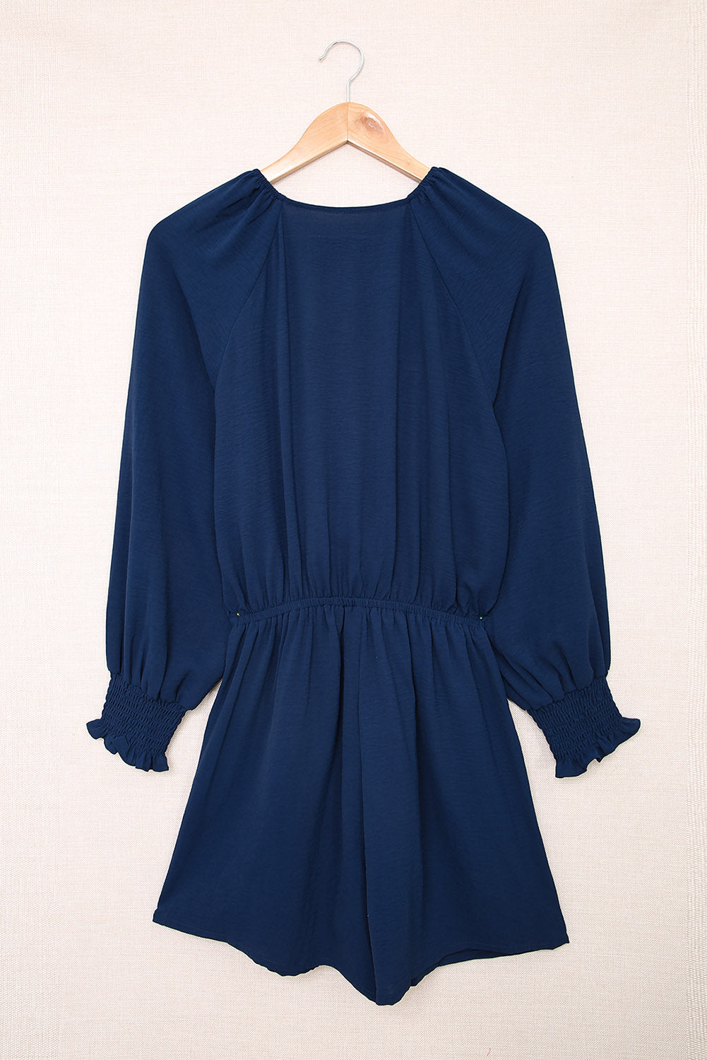 Dark Blue Tie Knot Shirred Cuffs Puff Long Sleeve Romper