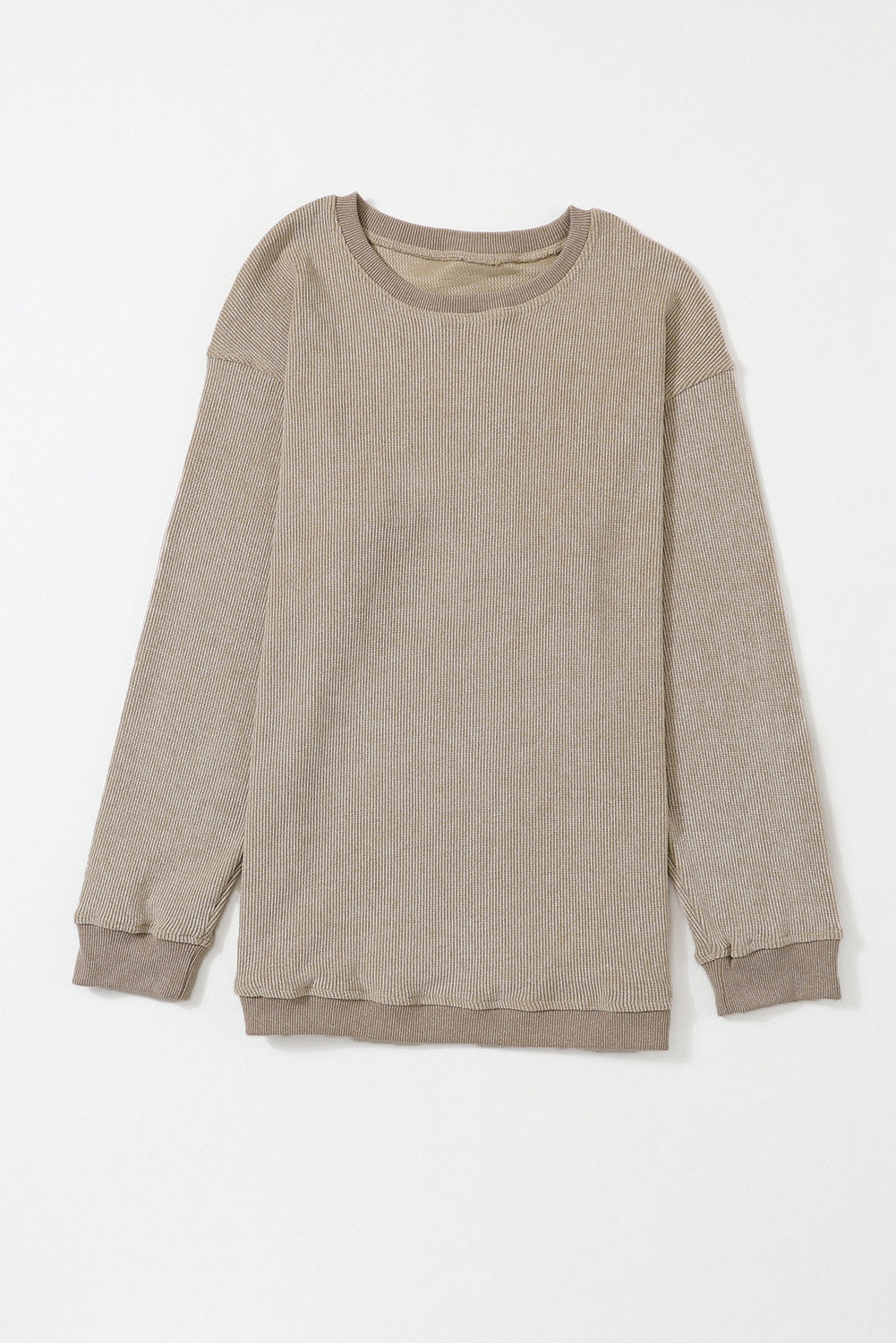 Khaki Solid Ribbed Round Neck Pullover Sweatshirt