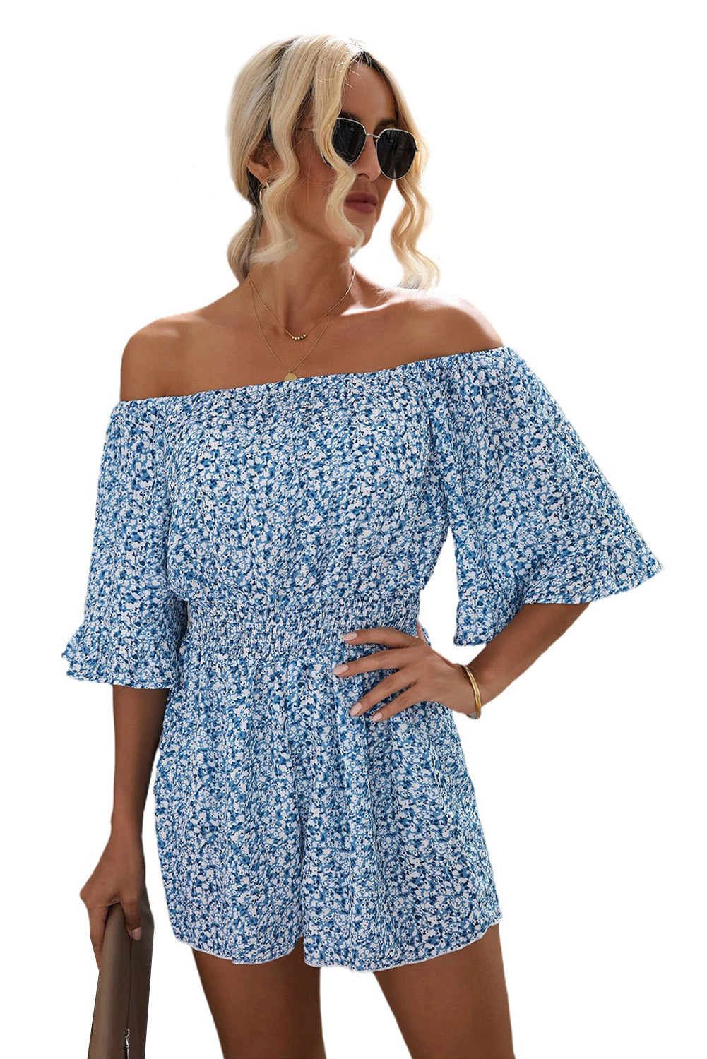 Dark Blue Shirred Ditsy Floral Bell Off Shoulder Romper