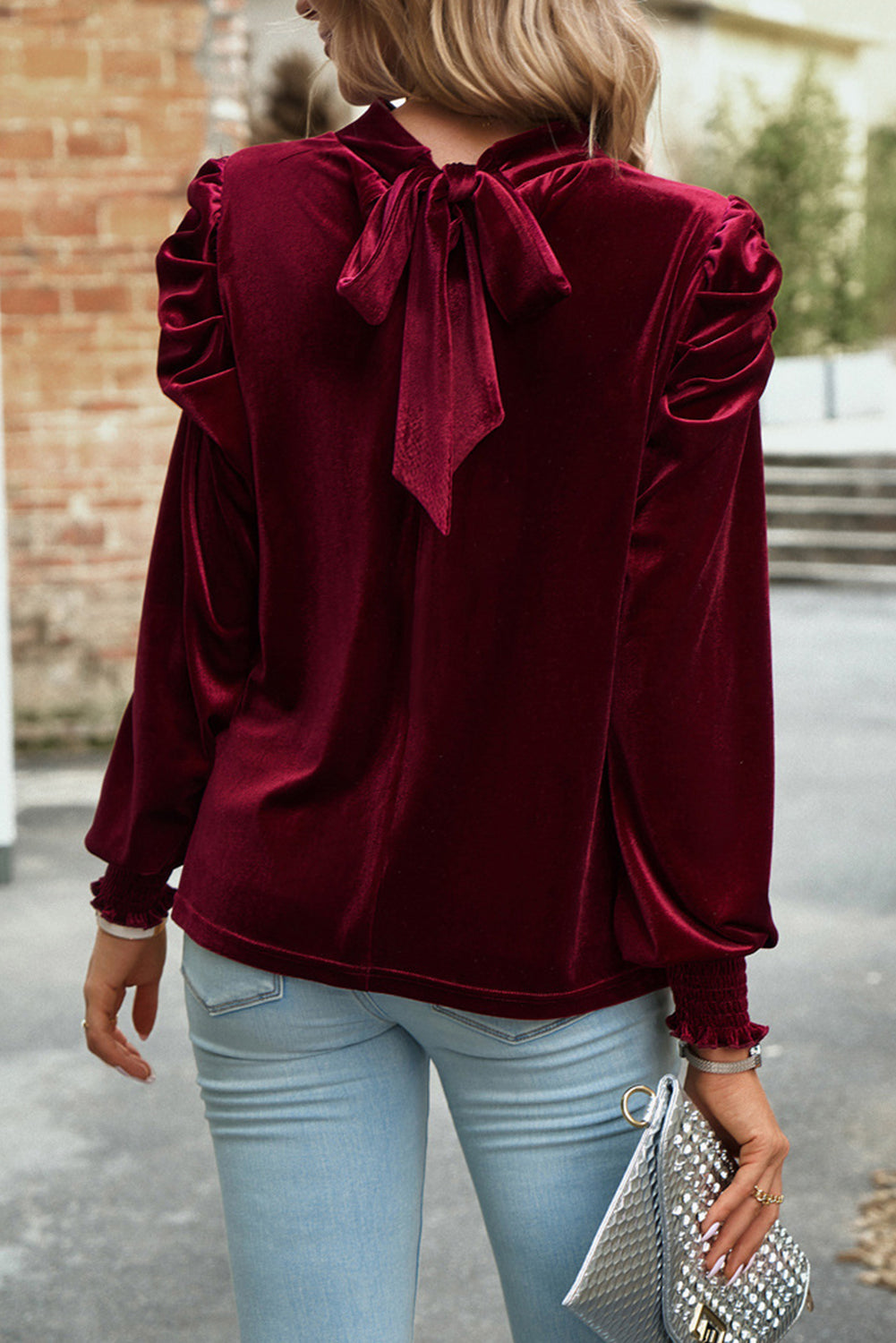 Green Keyhole Neck Puff Sleeve Velvet Blouse