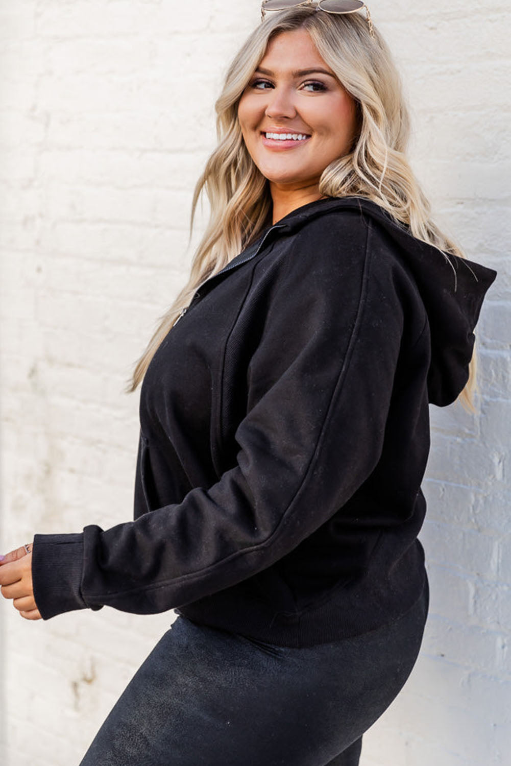 Black Half Zipper Kangaroo Pocket Plus Size Hoodie