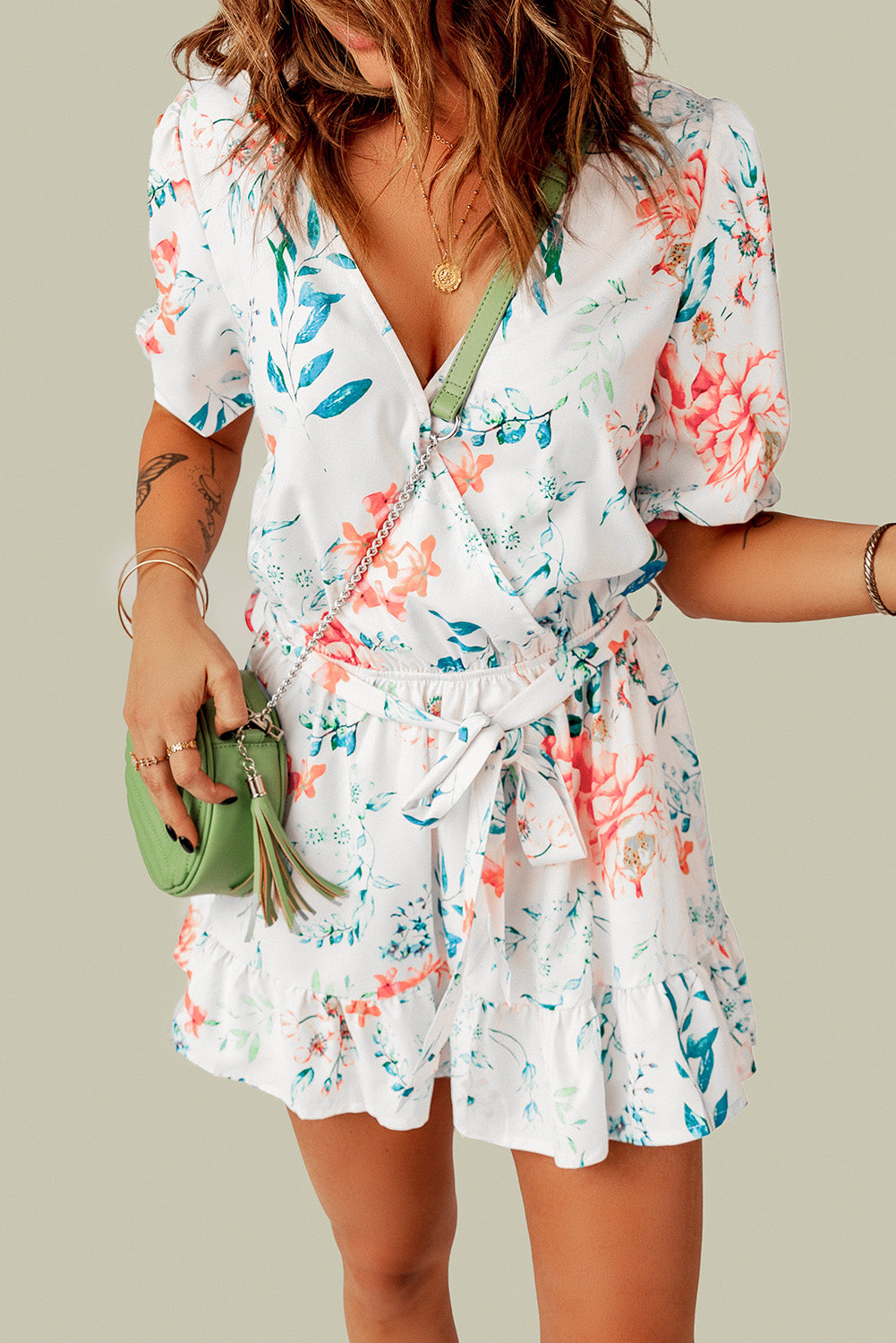 White Floral Print Puff Sleeves Belted Romper