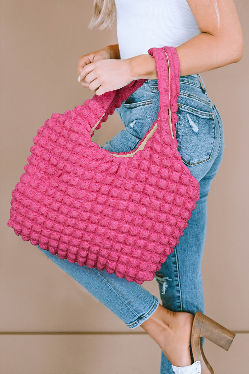 White Textured Pleated Bubble Shoulder Bag