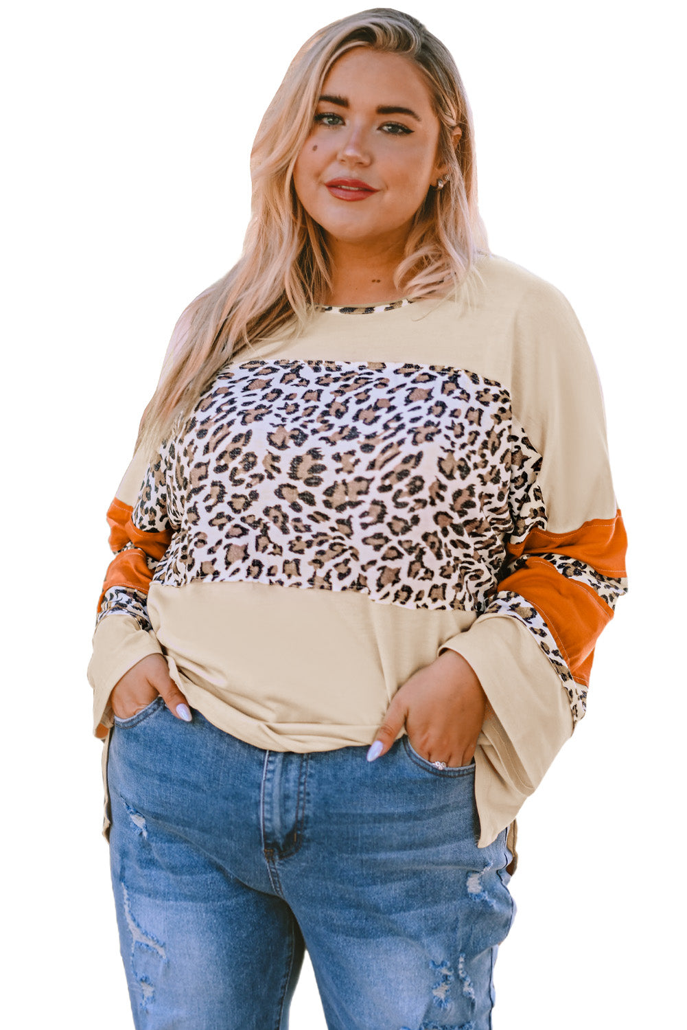 Apricot Leopard Print Color Block Patchwork Plus Size Top