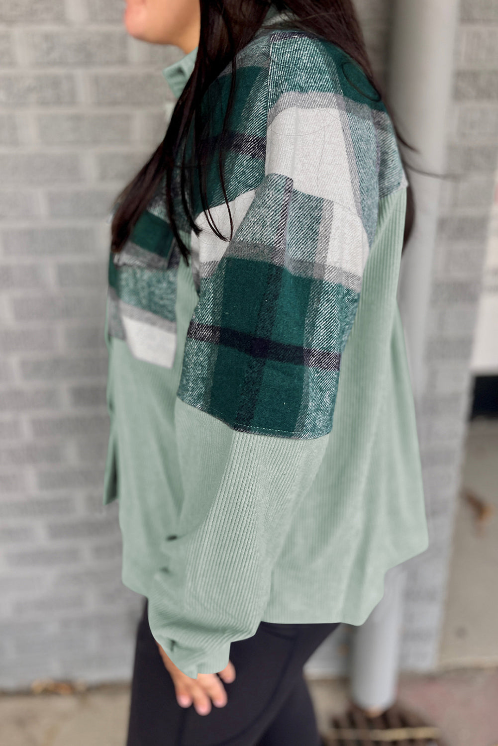 Green Plaid Patchwork Plus Size Corduroy Shacket