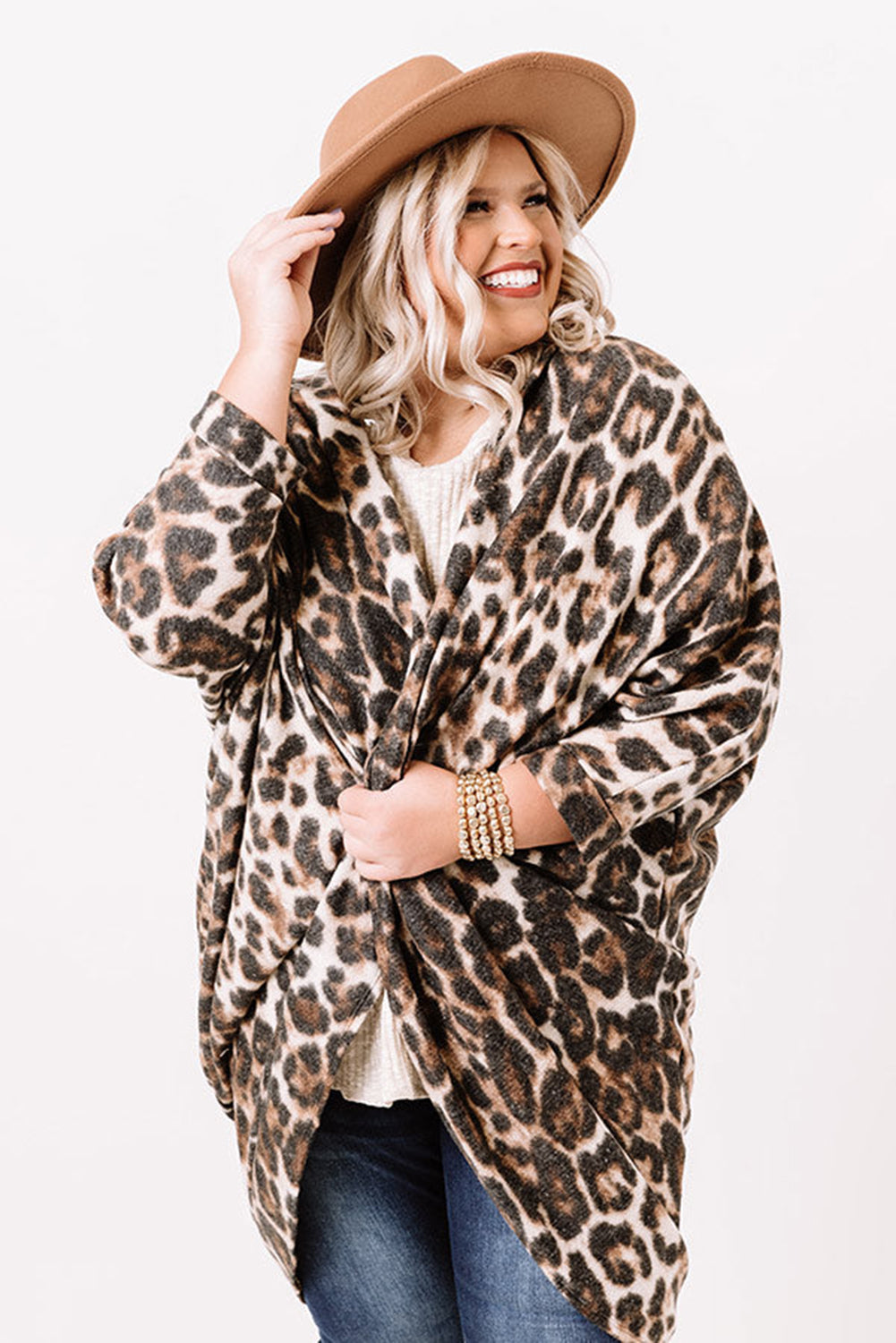 Leopard Plus Size Draped Open Front Cardigan