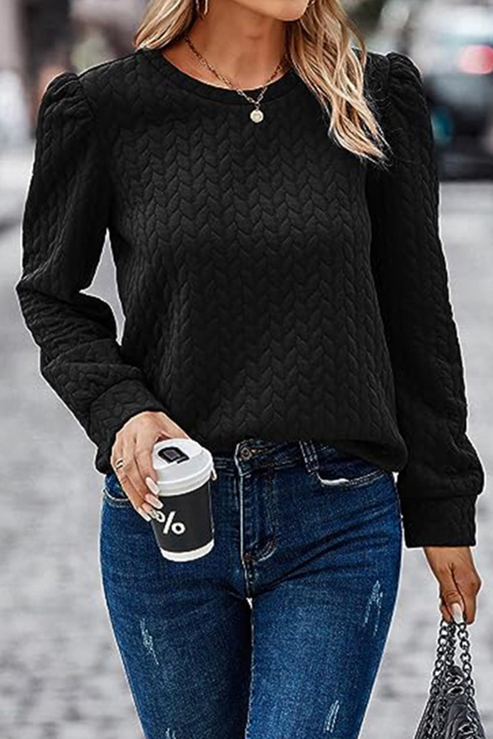 Black Waffle Quilted Puff Sleeve Sweatshirt