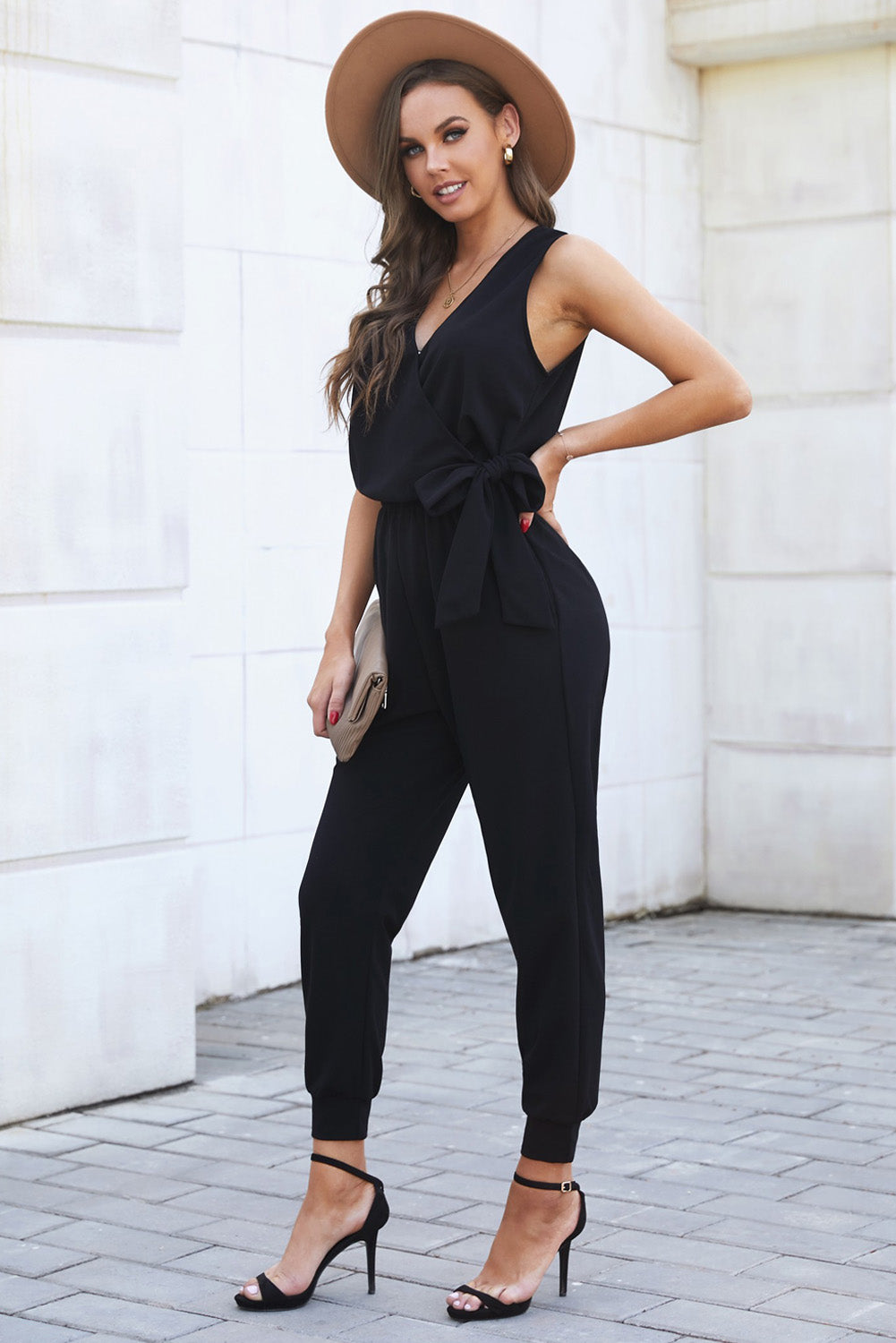 Black Solid Casual Deep V Neck Sleeveless Jumpsuit