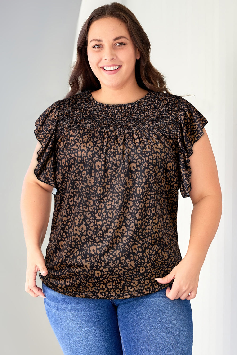 Black Plus Size Smocked Floral Blouse