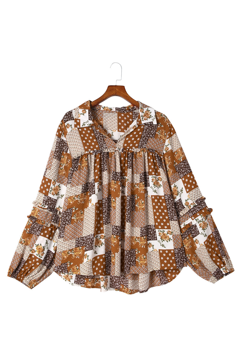 Apricot Mixed Print Turn-down Neck Plus Size Shirt