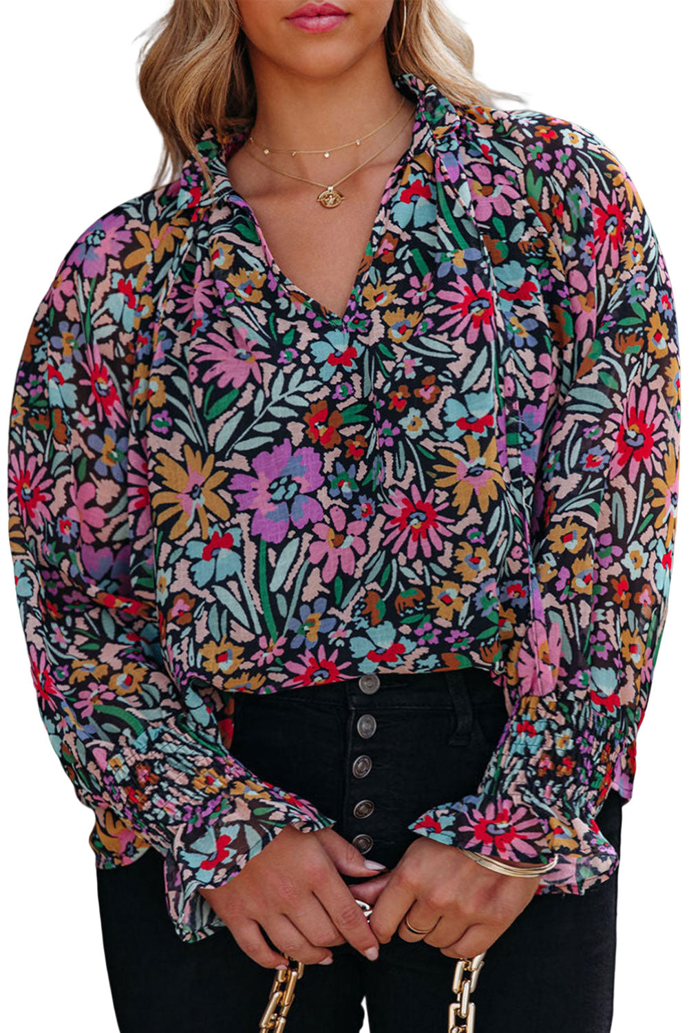 Multicolour Plus Size Floral Smocked Cuffs V Neck Blouse