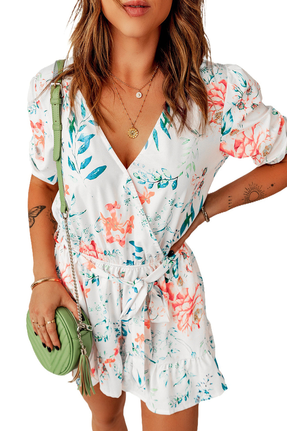 White Floral Print Puff Sleeves Belted Romper