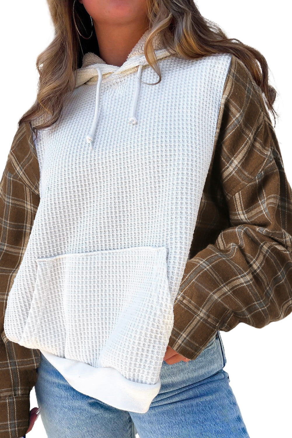 White Waffle Patch Plaid Sleeve Kangaroo Pocket Hoodie