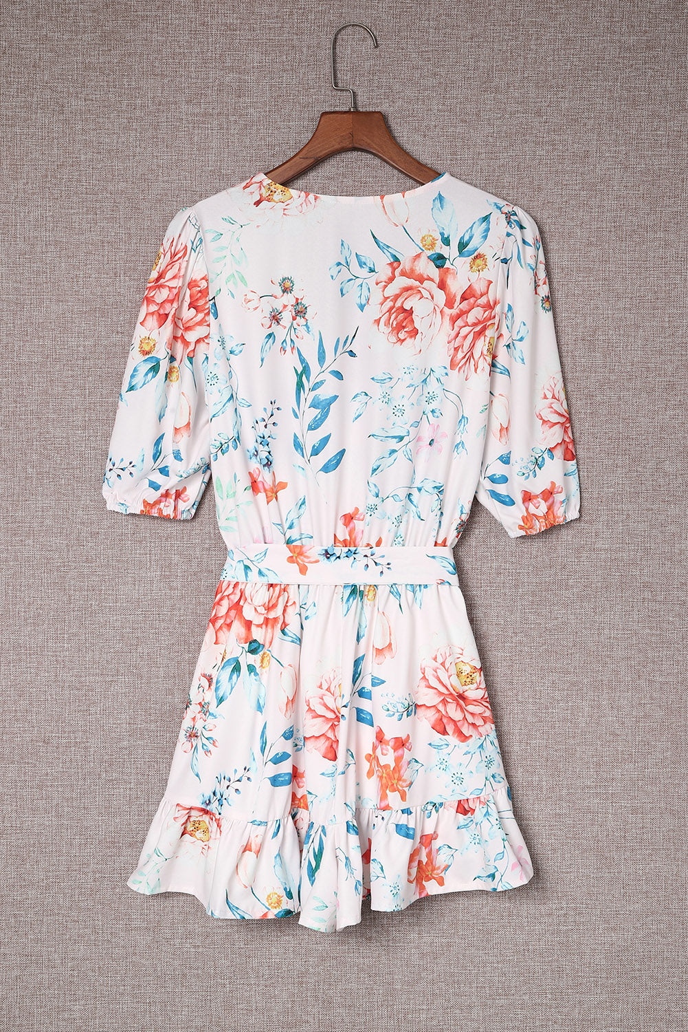 White Floral Print Puff Sleeves Belted Romper