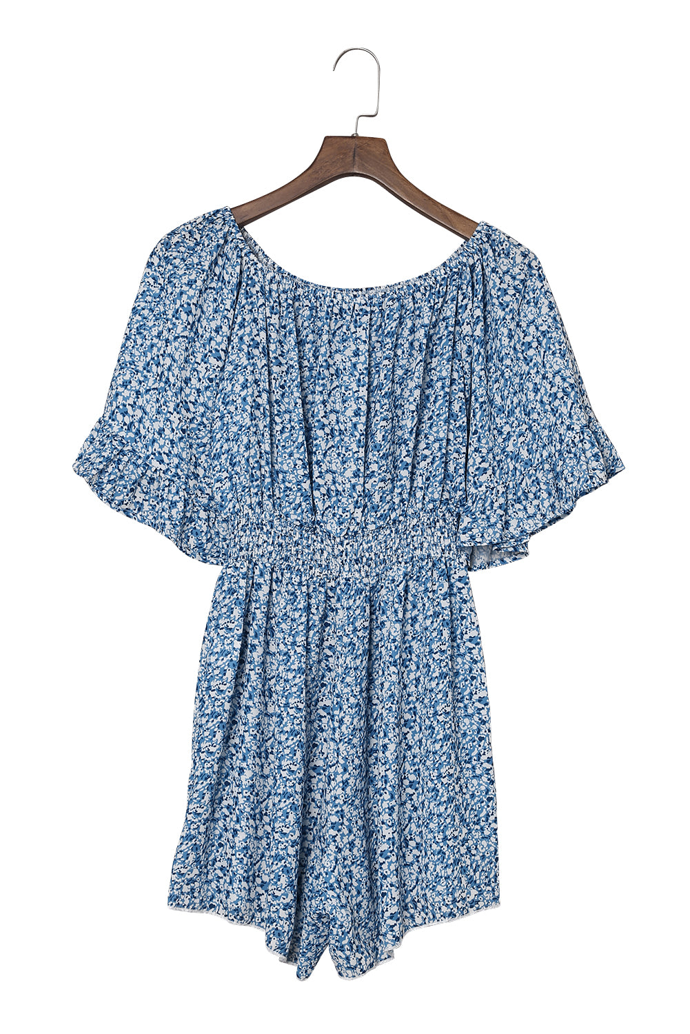 Dark Blue Shirred Ditsy Floral Bell Off Shoulder Romper