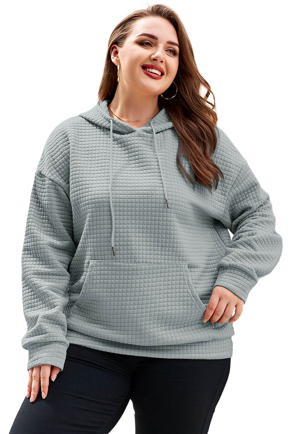 Gray Plain Kangaroo Pockets Quilted Plus Size Hoodie