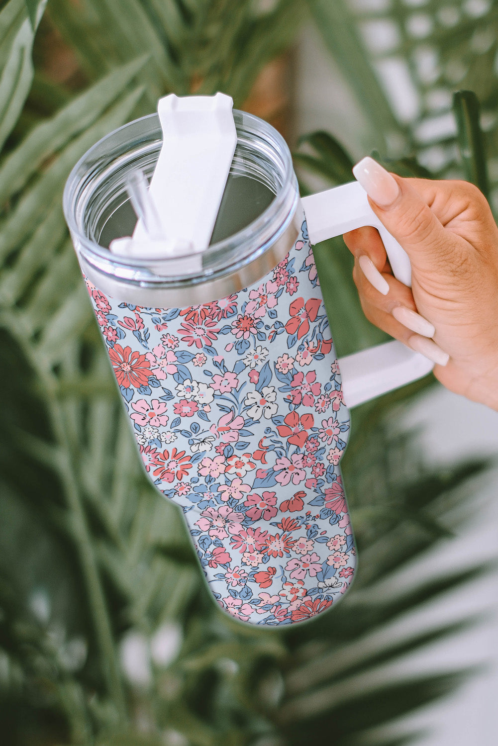 Multicolour Floral Print Handled Stainless Tumbler with Straw