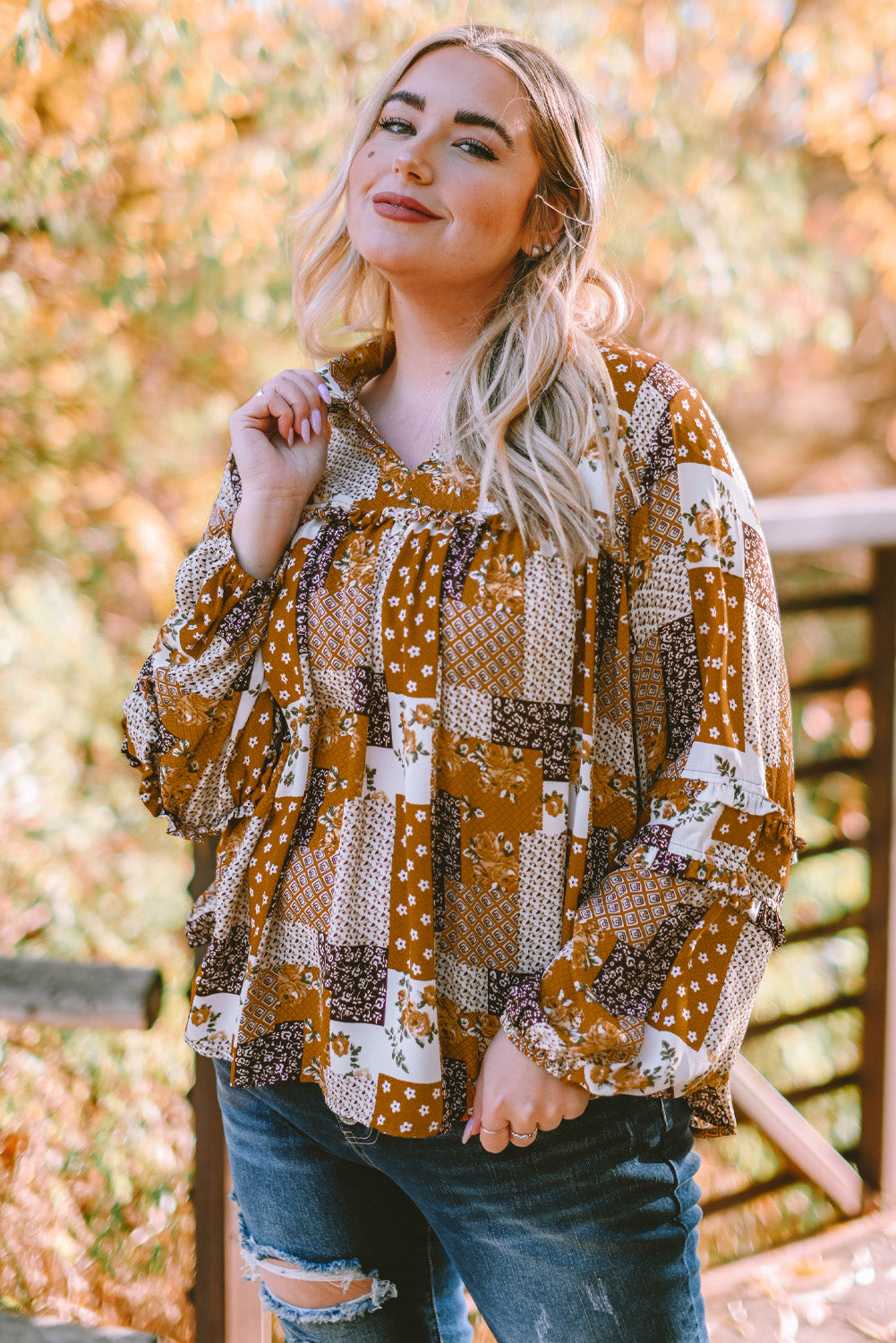 Apricot Mixed Print Turn-down Neck Plus Size Shirt