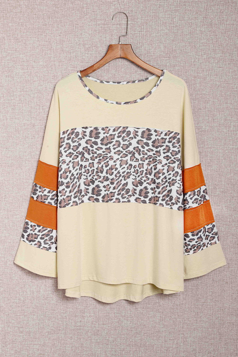 Apricot Leopard Print Color Block Patchwork Plus Size Top