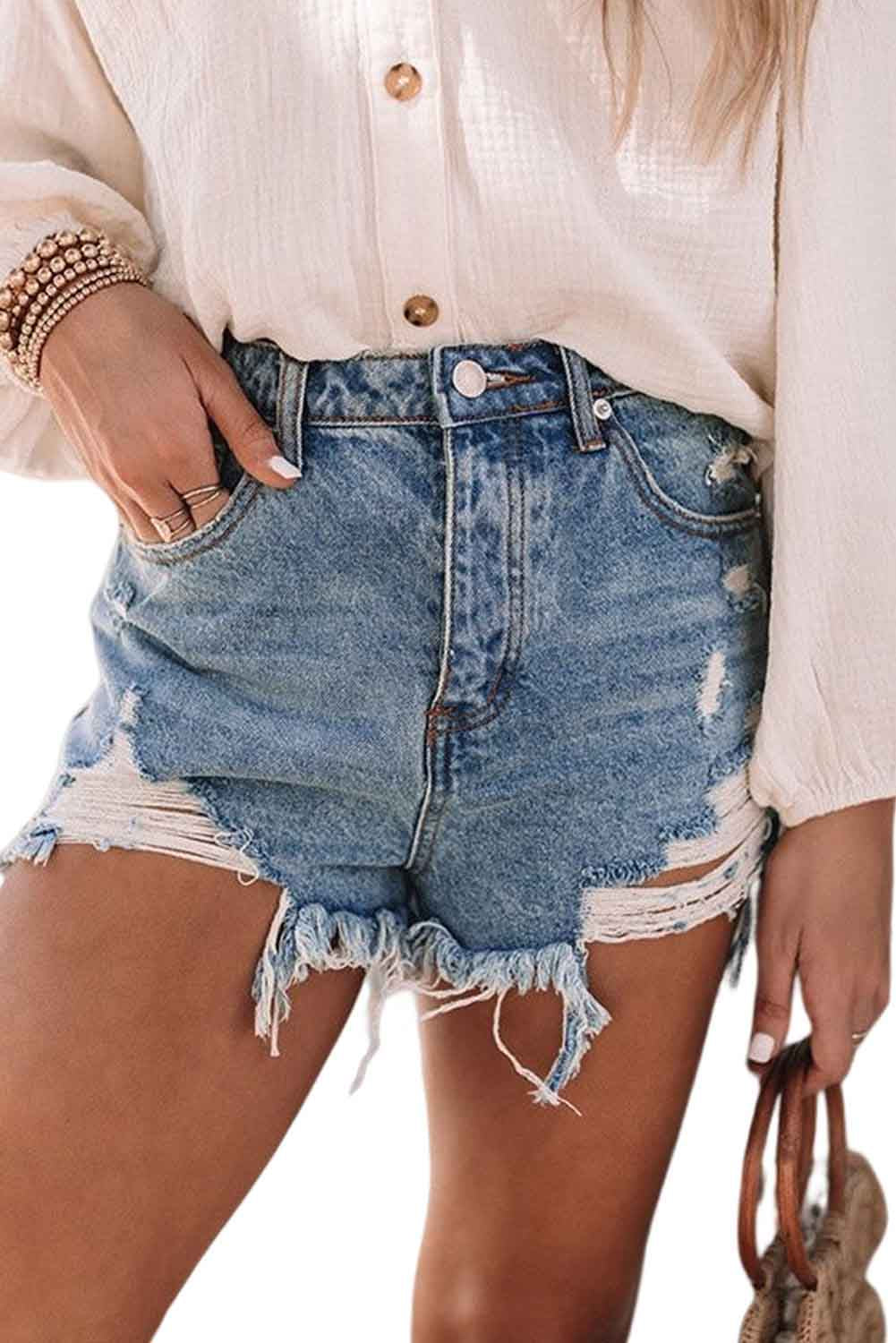 Blue Light Wash Distressed High Waisted Denim Shorts