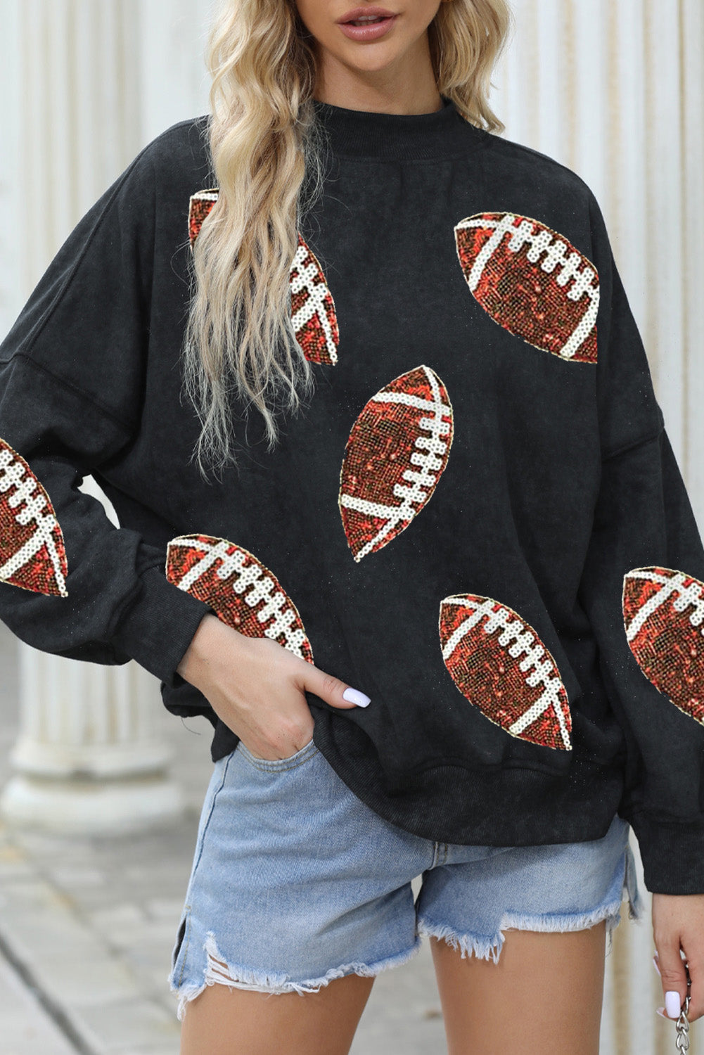 Black Rugby Print Graphic Drop Shoulder Crew Neck Sweatshirt