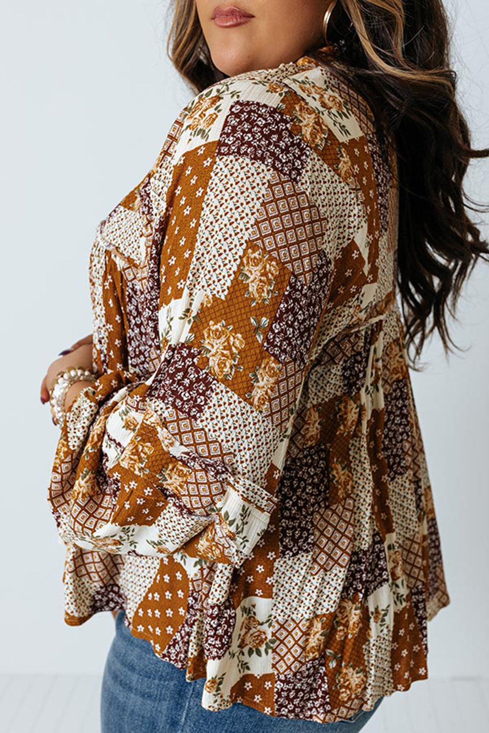 Apricot Mixed Print Turn-down Neck Plus Size Shirt