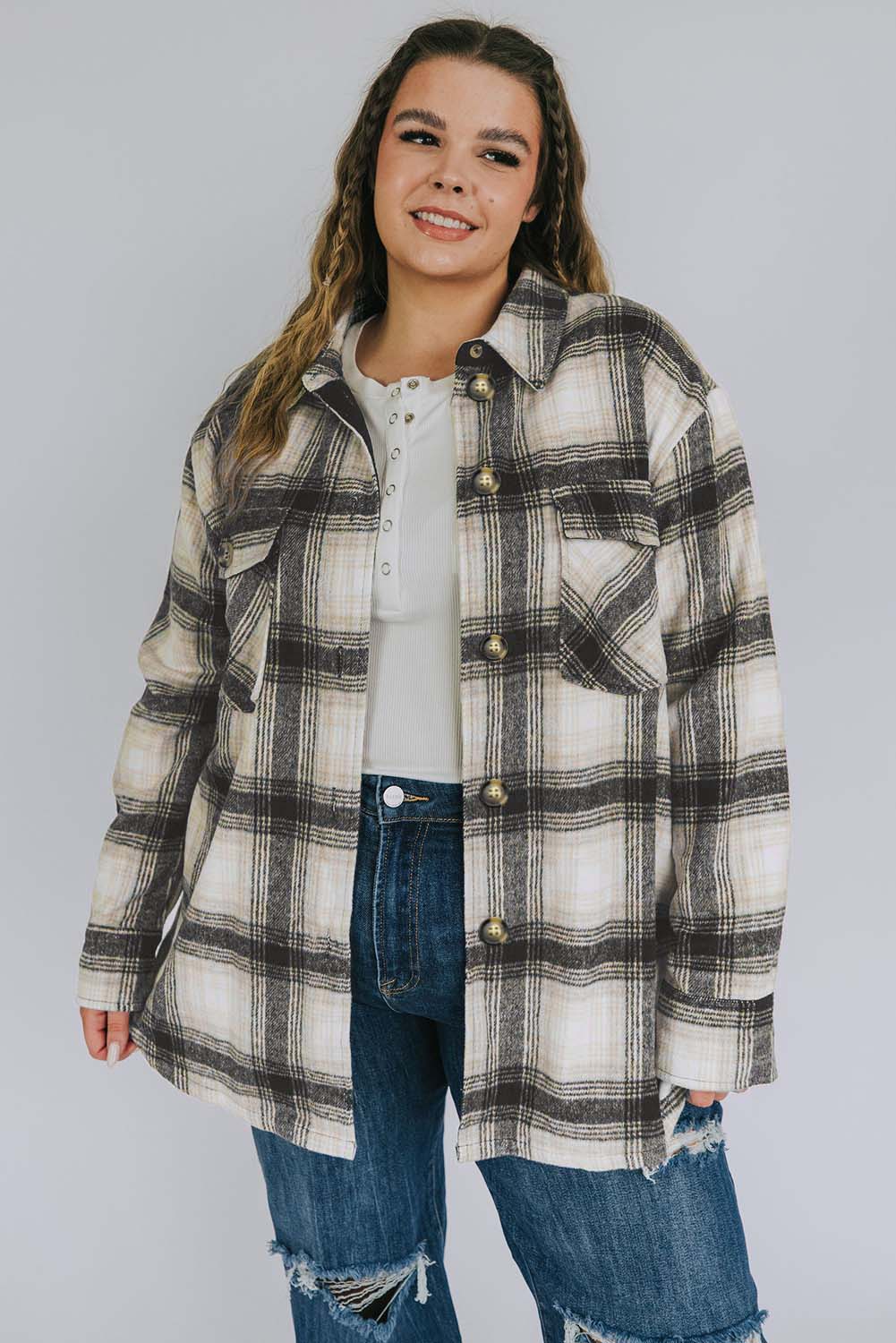 Black Plus Size Brushed Plaid Flap Pocket Shacket