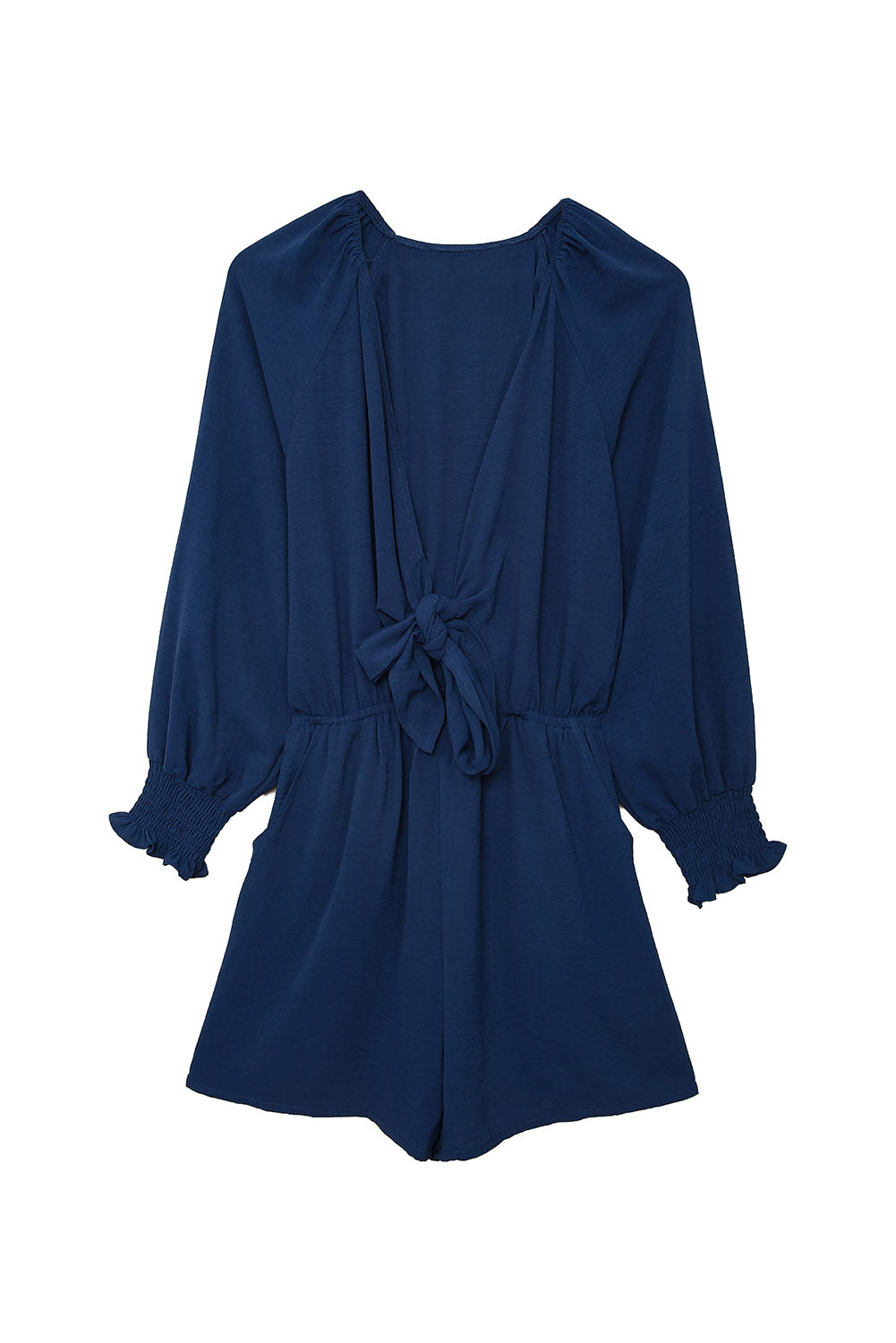 Dark Blue Tie Knot Shirred Cuffs Puff Long Sleeve Romper