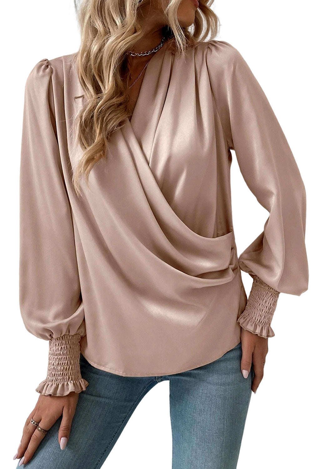 Apricot Draped Long Sleeve Wrap Dressy Blouse