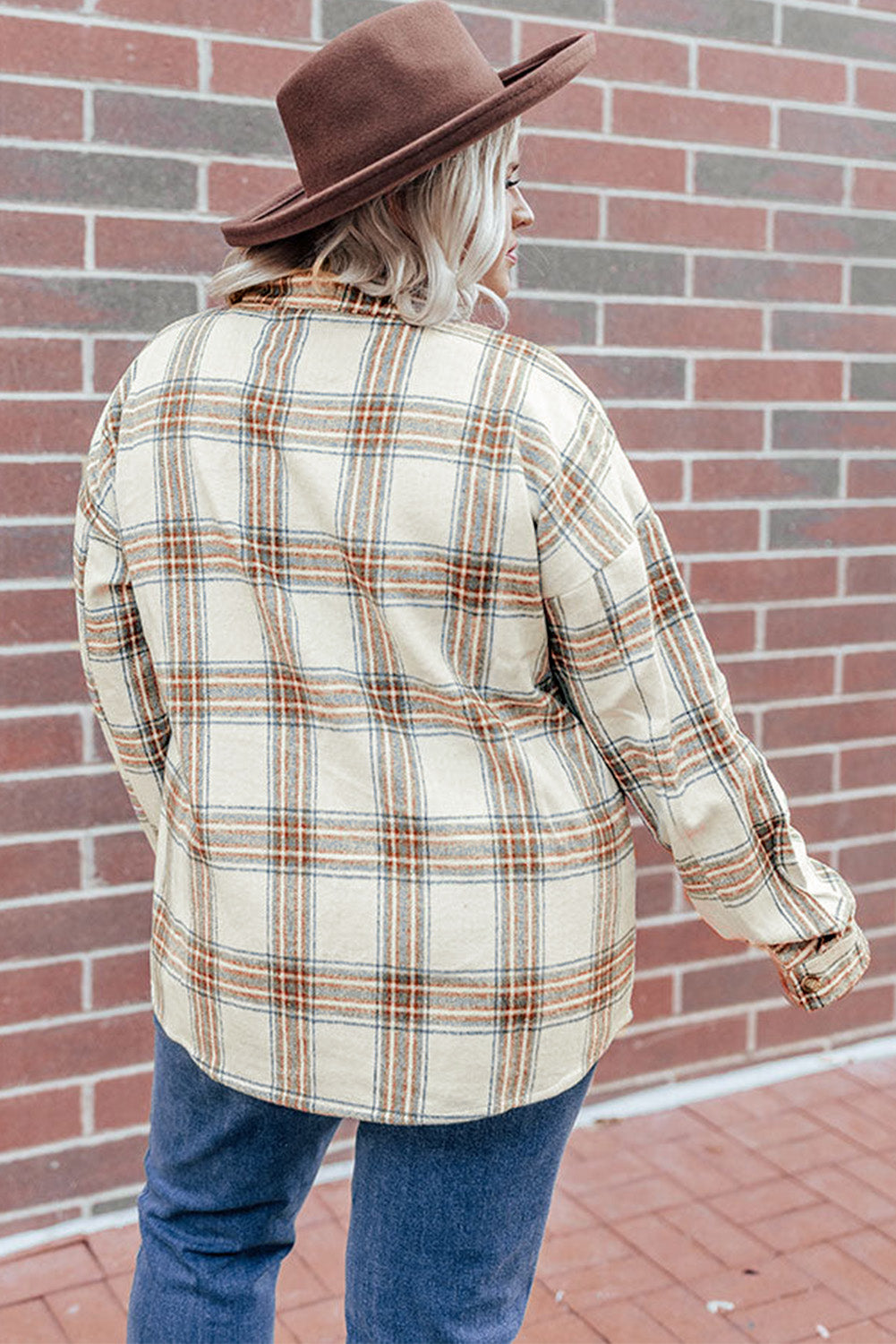 Beige Plaid Print Zip Split Neck Plus Size Sweatshirt