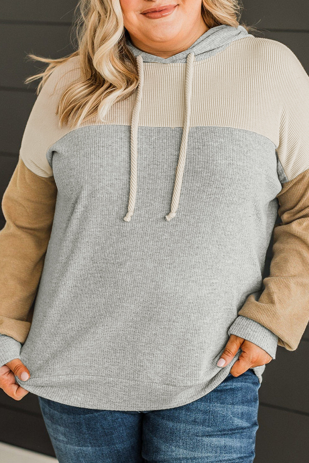 Multicolour Plus Size Colorblock Drop Shoulder Ribbed Hoodie